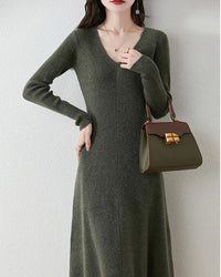 Merino Wool V-Neck A-Line Knit Dress