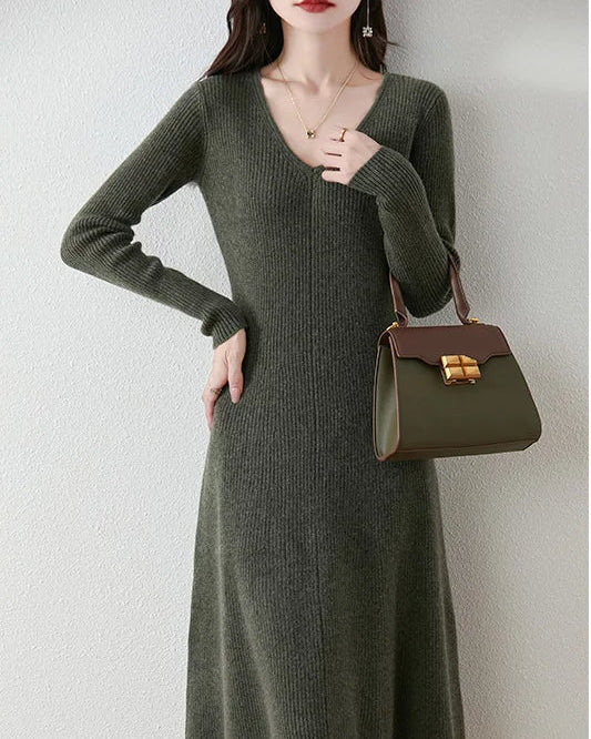 Merino Wool V-Neck A-Line Knit Dress