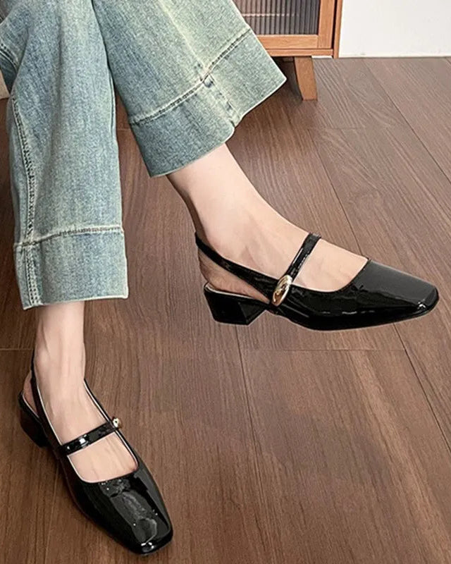 New plus-size Mary Jane shoes in black, low square heel pumps with buckle strap and Korean style design, perfect for casual everyday wear.