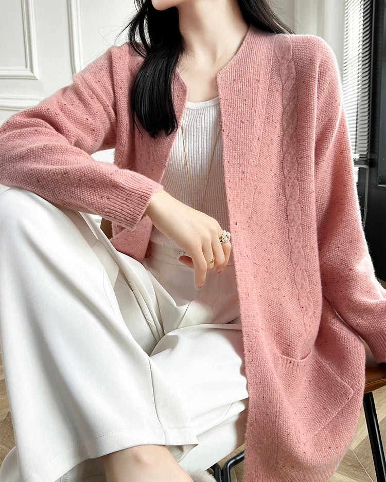 Merino Wool Dot Long Open-Front Cardigan