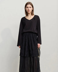 Long-Sleeved V-Neck Loose-Fitting Pullover T-Shirt