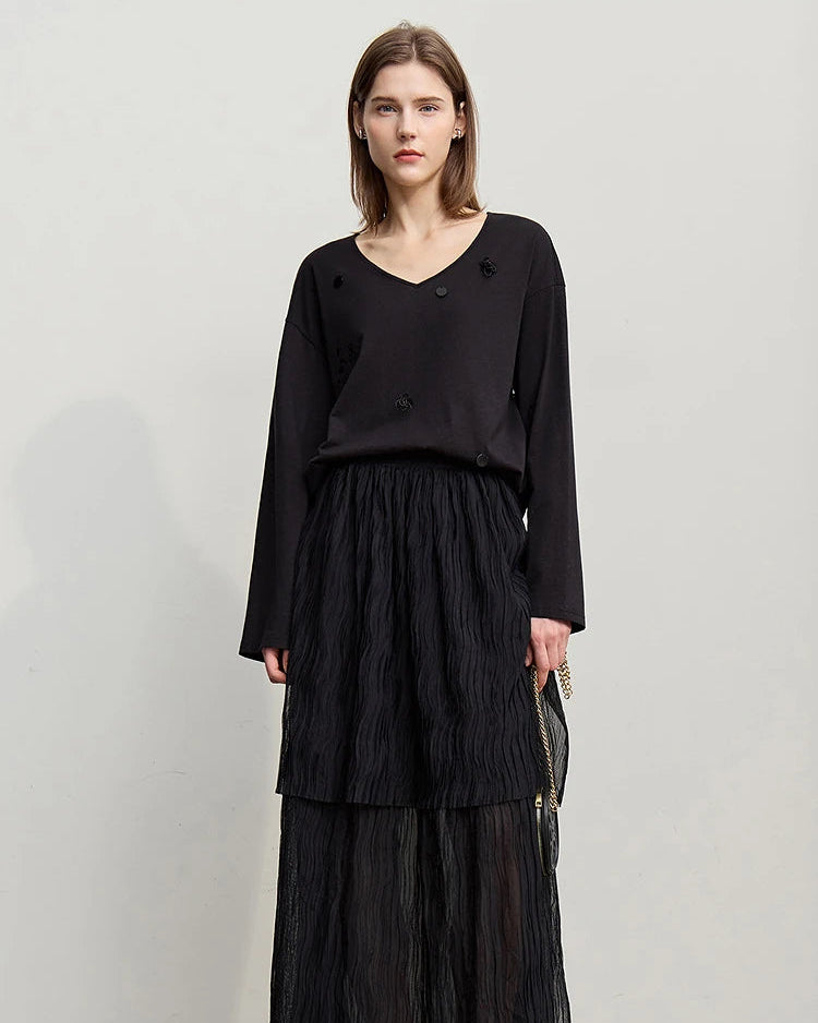 Long-Sleeved V-Neck Loose-Fitting Pullover T-Shirt