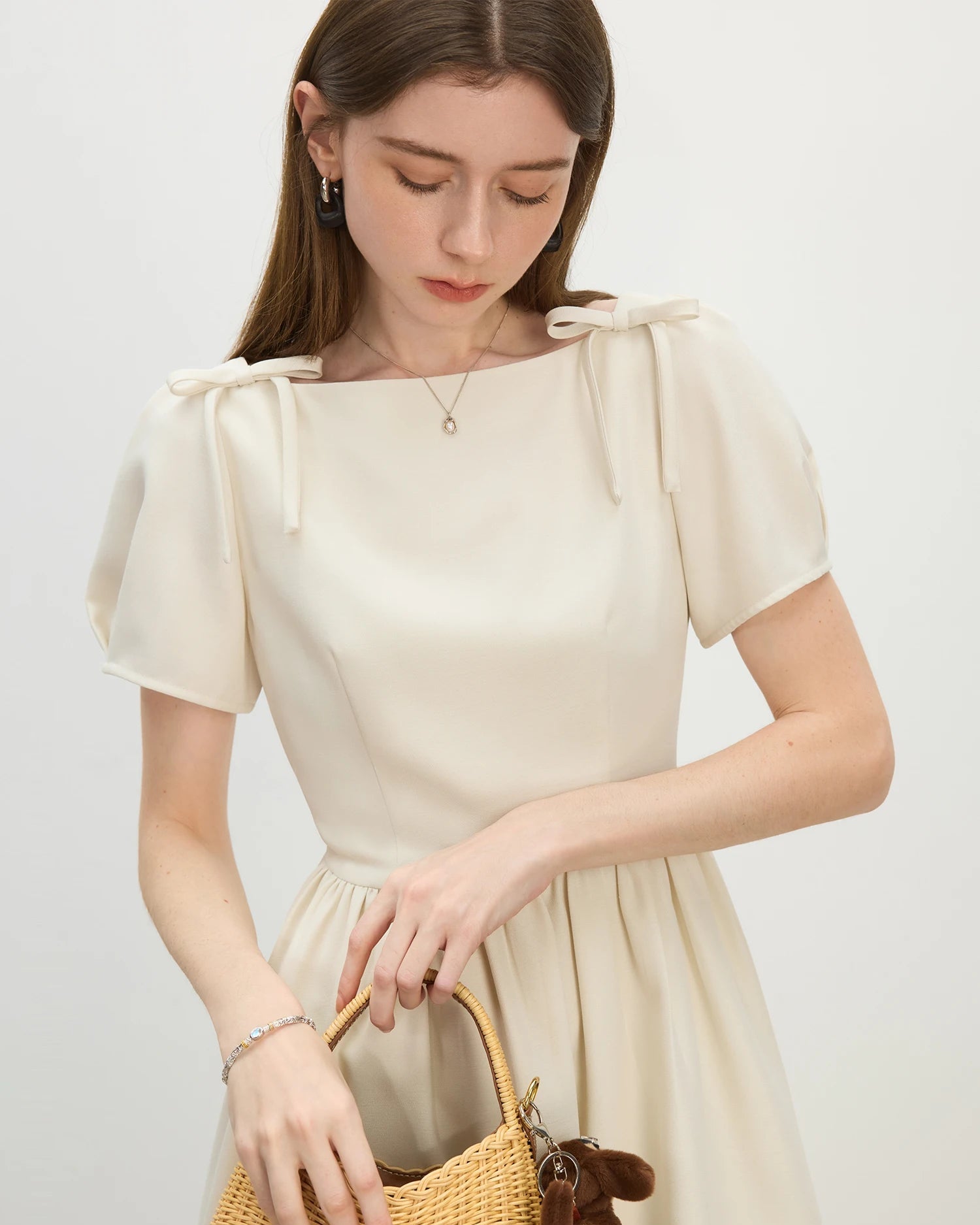 French Square Neck Bow Fitted Dress