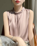 Loose And Casual Satin Vest T-Shirt With Ruffled Collar