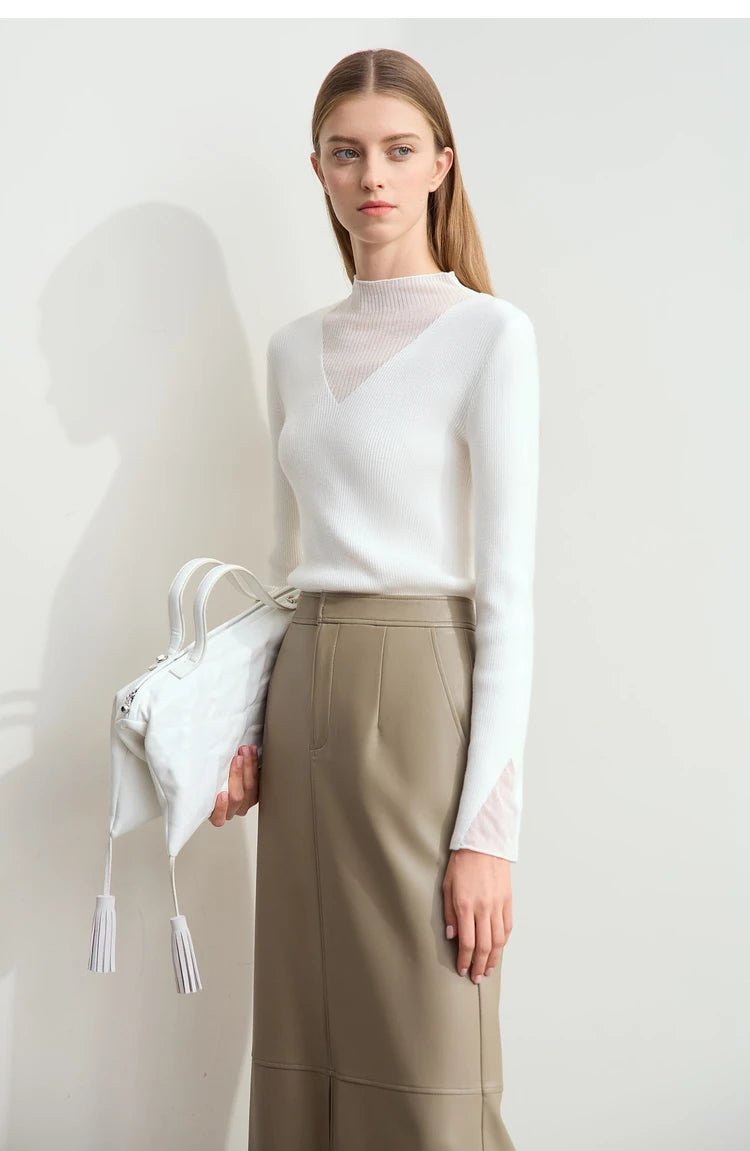 Turtleneck Sheer Panel Slim Top