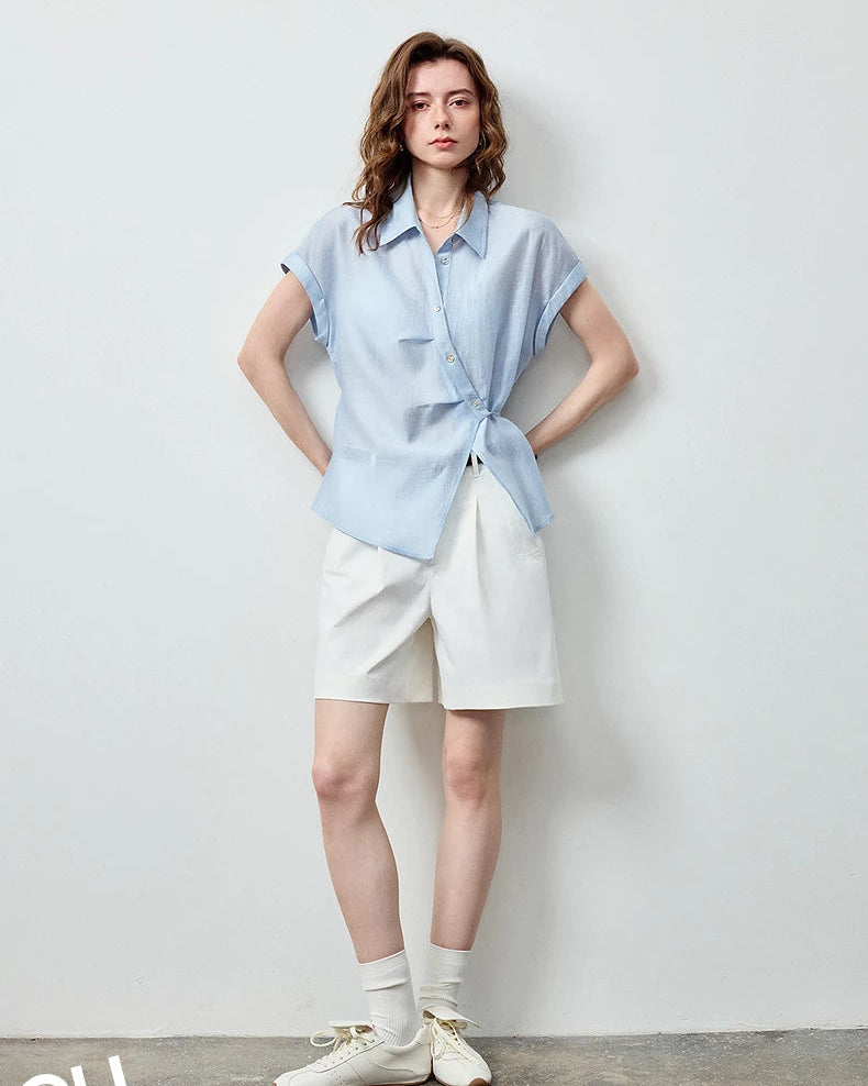 Lyocell Blend Asymmetric Waist-Cinched Shirt