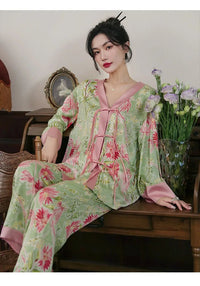 Chinese Style Button Satin Shirt & Trousers Pajama Set