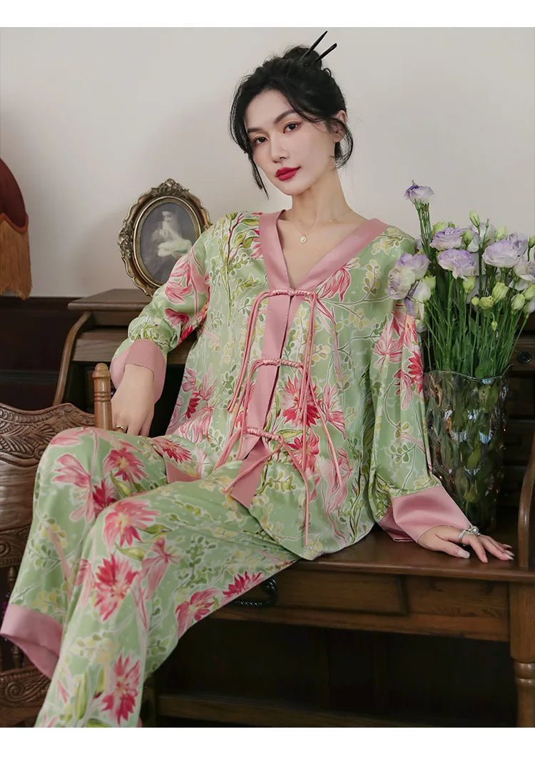 Chinese Style Button Satin Shirt & Trousers Pajama Set