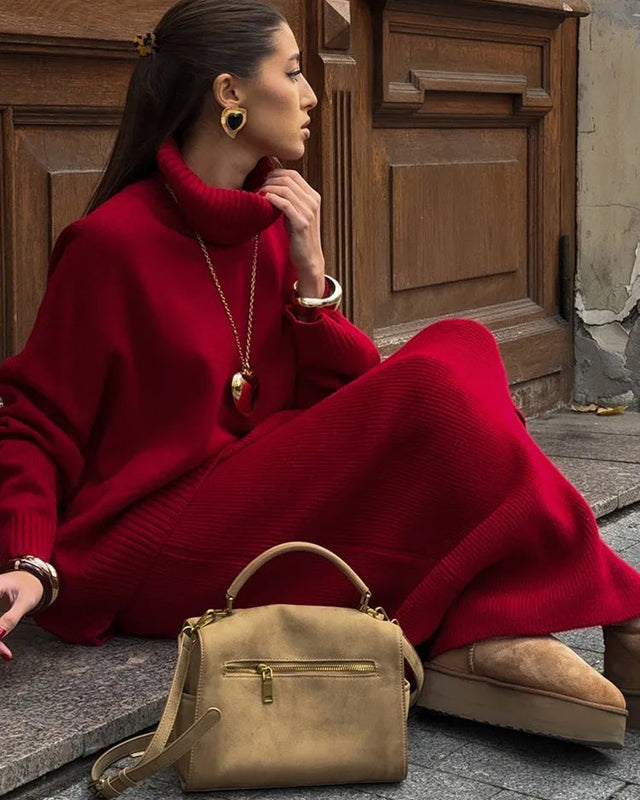 Turtleneck Knit Sweater Midi Skirt Set