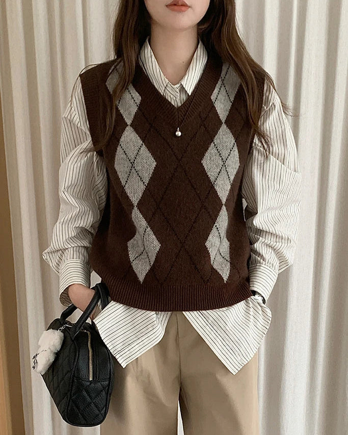 Plaid Wool V Neck Sweater Vest