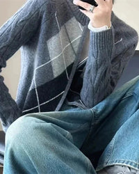 Argyle Merino Wool Zip Cardigan