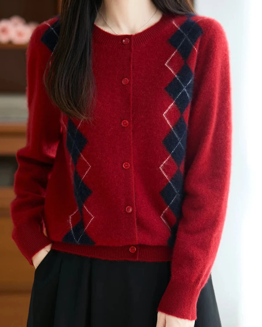 Diamond Jacquard Wool Cardigan