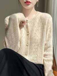 Merino Wool Hollow-Out Pearl Button Cardigan
