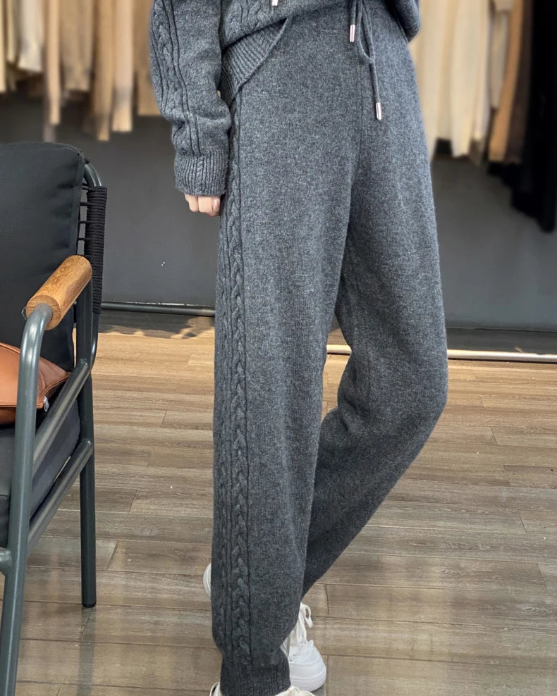 Wool Blend Hooded Zip Cardigan & Wide-Leg Pants Set