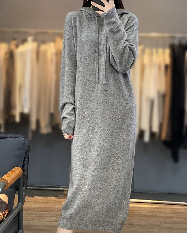 Drawstring Hooded Wool Dress