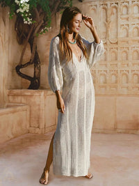 See-through V Neck Lantern Sleeve Side Split Beach Maxi Dresses
