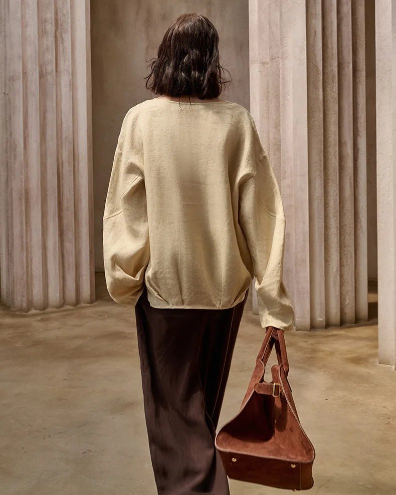 Fashionable Linen U-Neck Long-Sleeved Shirt