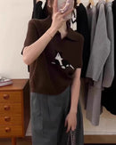 Cat-Pattern Collared Wool Knit Top