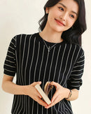 Pure Cotton Loose-Fit Vertical Striped T-Shirt