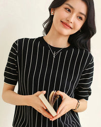 Pure Cotton Loose-Fit Vertical Striped T-Shirt