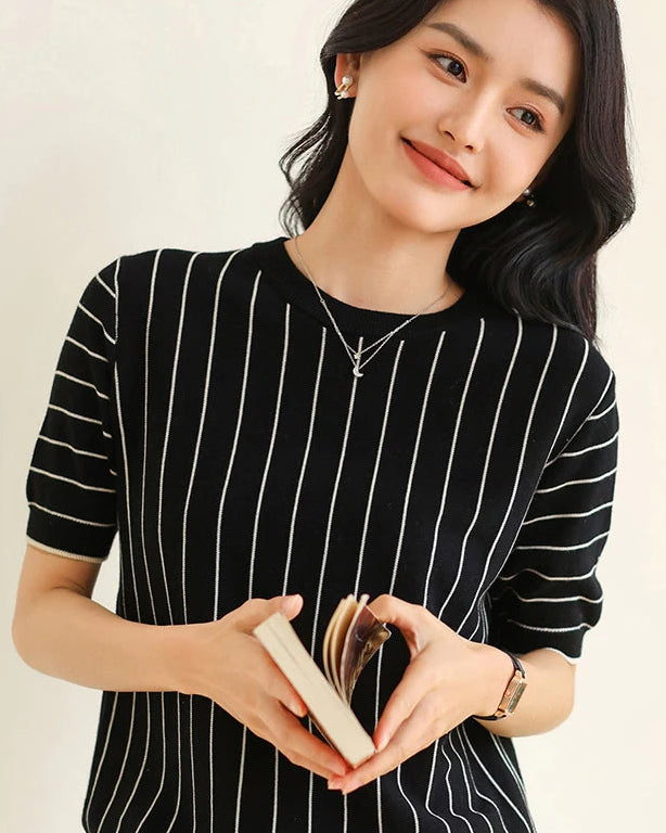 Pure Cotton Loose-Fit Vertical Striped T-Shirt