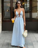Striped Halter Backless Maxi Dress