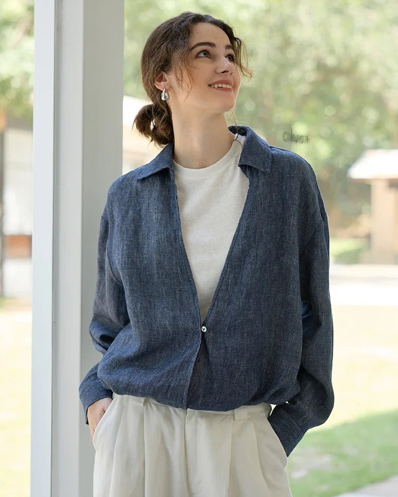 Linen Deep V-Neck Shirt Paired With A White Vest