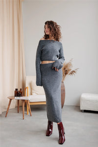 Slash Neck Sweater & Skinny Midi Dress Knitted TrackSuit