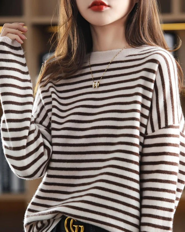 Oversized Round-Neck Striped Wool Sweater Pullover