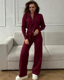 Zip-Up Cropped Knit Cardigan & Drawstring Wide-Leg Trousers Set