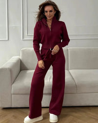 Zip-Up Cropped Knit Cardigan & Drawstring Wide-Leg Trousers Set
