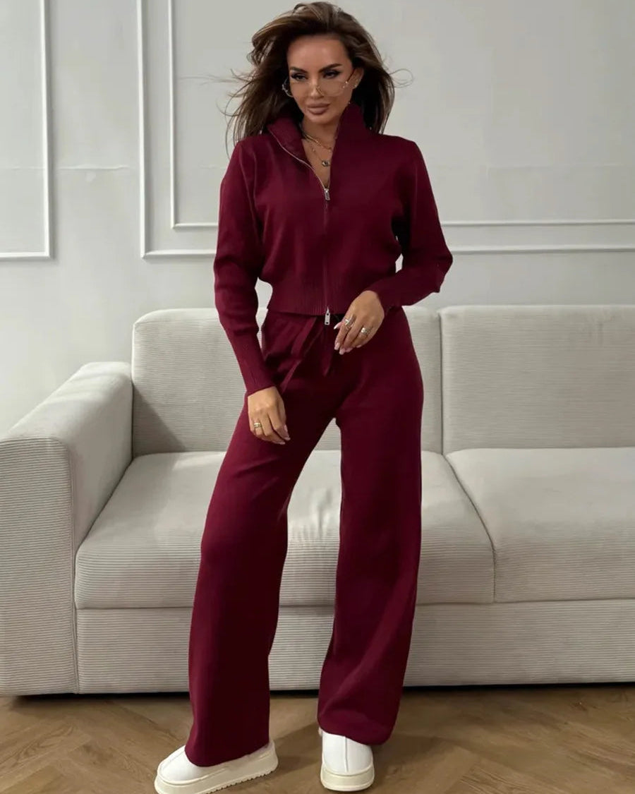 Zip-Up Cropped Knit Cardigan & Drawstring Wide-Leg Trousers Set