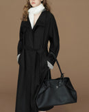 Contrast-Cuff Stand-Collar Long Trench Coat
