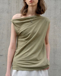 Casual Linen Cotton Irregular Shoulder T-Shirt