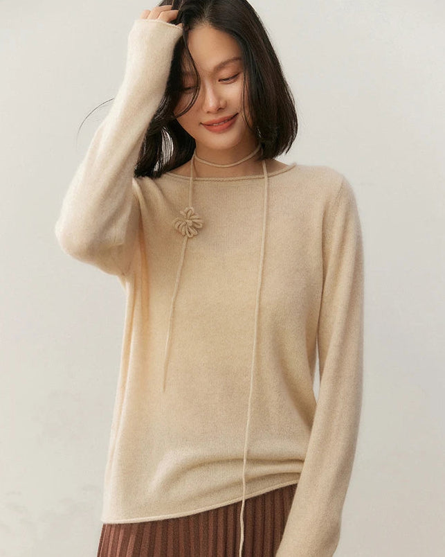 Cashmere Rolled-Up Round Neck Loose Sweater