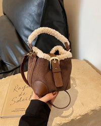 Faux Suede Plush Bucket Shoulder Bag