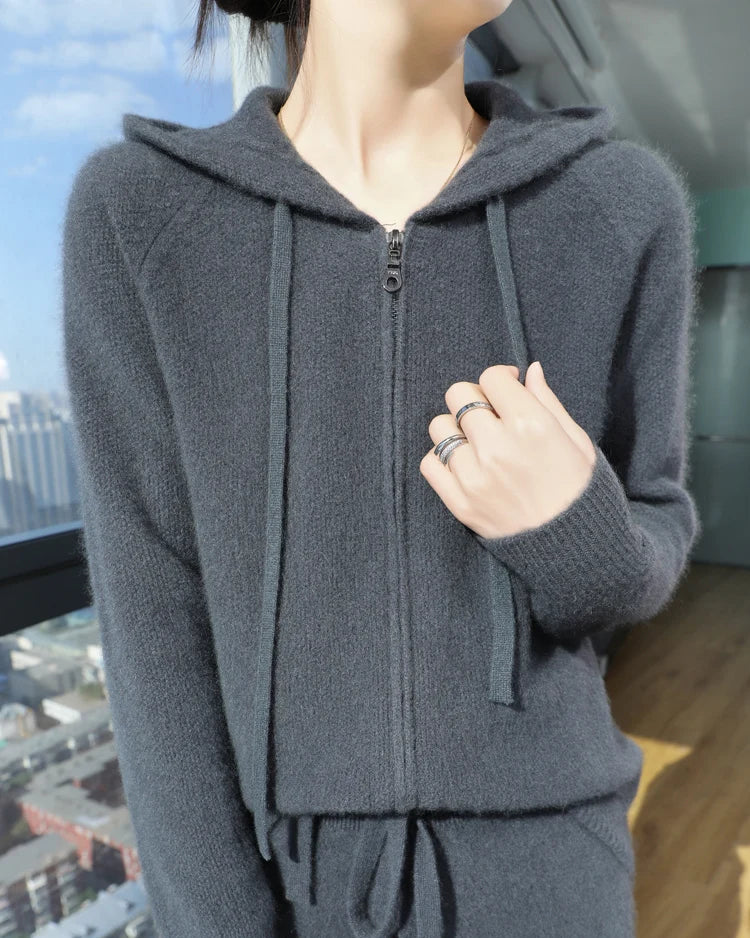 Wool Solid Hooded Zip-Up Open Cardigan Sweater
