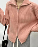 Collared Wool Zip-Up Cardigan Sweater