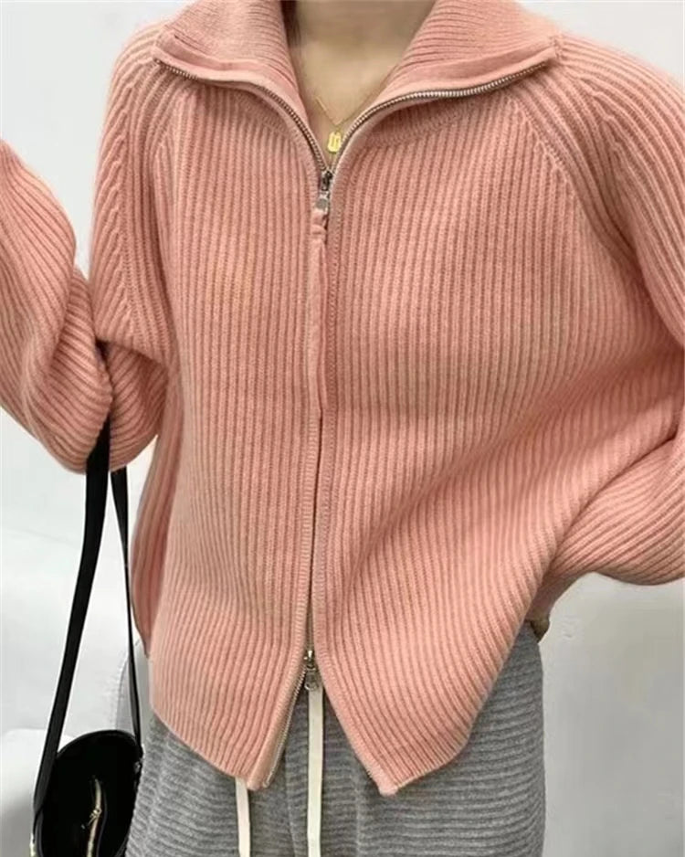 Collared Wool Zip-Up Cardigan Sweater
