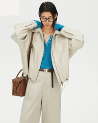 Loose-Fit Zip-Up PU Leather Short Jacket