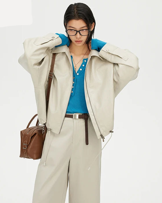 Loose-Fit Zip-Up PU Leather Short Jacket