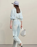 Ruffled V-Neck Long-Sleeved Loose-Fitting Shirt