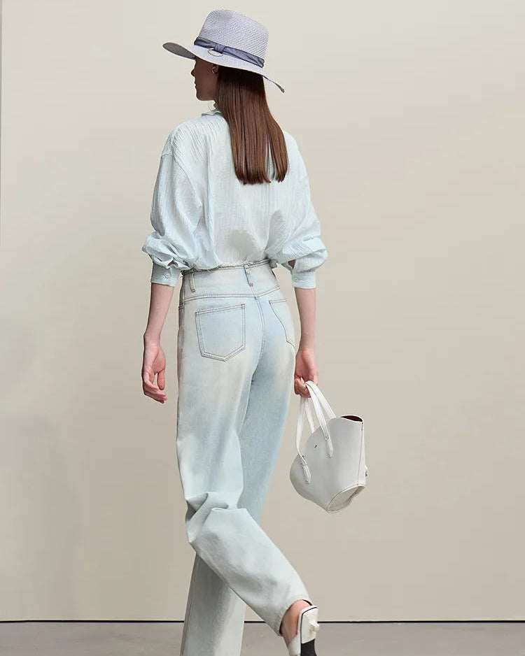 Ruffled V-Neck Long-Sleeved Loose-Fitting Shirt