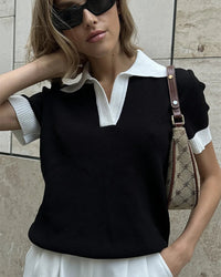 Polo Collar Colorblock Knit Top