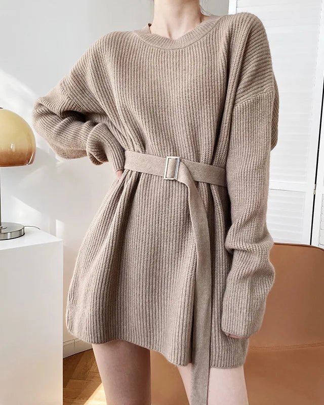 Vintage Round-neck Belted Knitted Dress