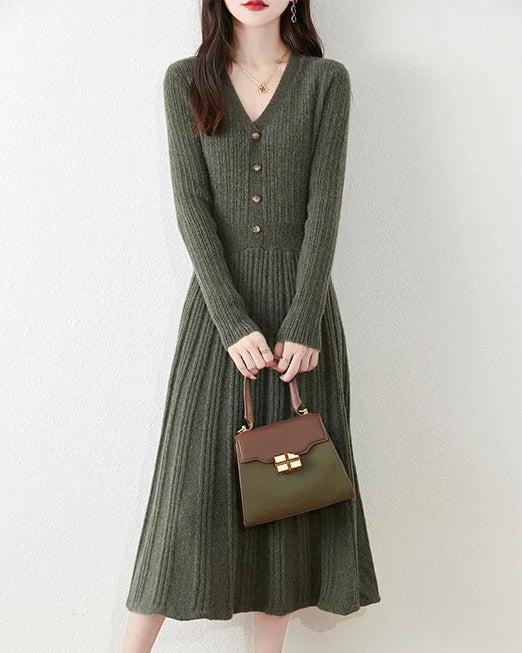 Merino Wool V-Neck Knit Midi Dress