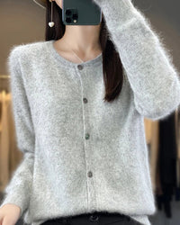 Mink Cashmere Crew Neck Cardigan Sweater