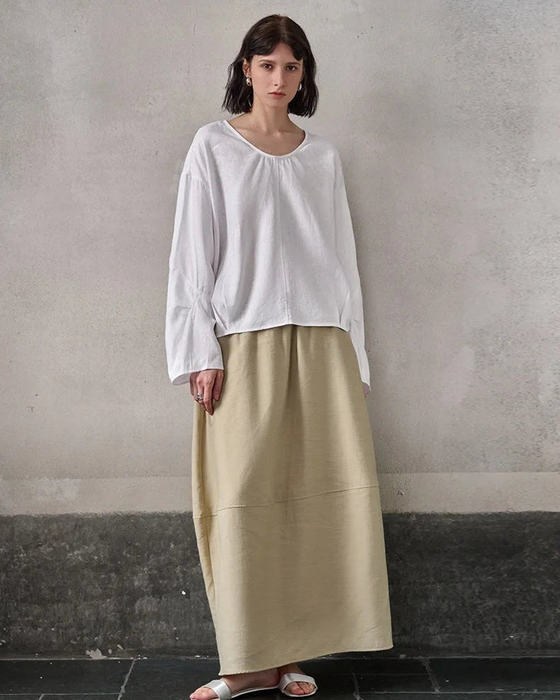 Fashionable Linen U-Neck Long-Sleeved Shirt