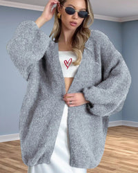 Solid V-neck lantern sleeve open-front loose mid-length knit cardigan. Thick, slight stretch, and relaxed — a casual autumn winter sweater for women.