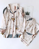 Women's Floral print long-sleeve pajama set crafted from soft viscose fabric, featuring a turn-down collar and elastic waist pants for breathable comfort from cool evenings to restful mornings.